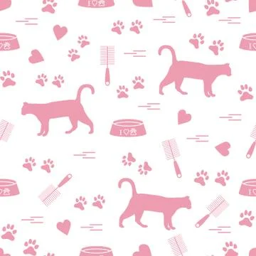 Nice pattern of silhouette walking cat, traces, hearts, bowl and comb need fo 스톡 일러스트