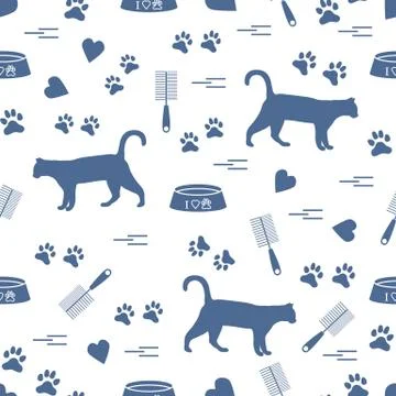 Nice pattern of silhouette walking cat, traces, hearts, bowl and comb need fo Stock Illustration