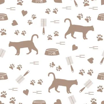Nice pattern of silhouette walking cat, traces, hearts, bowl and comb need fo Illustrazione stock