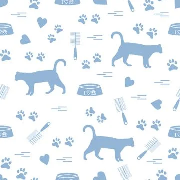 Nice pattern of silhouette walking cat, traces, hearts, bowl and comb need fo 스톡 일러스트