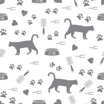 Nice pattern of silhouette walking cat, traces, hearts, bowl and comb need fo Stock Illustration