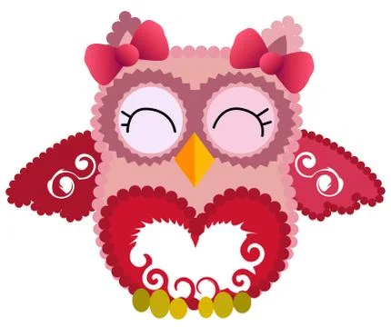 Nice pink smiling owl with a bow on the ear and ornament on the heart and win Illustrazione stock
