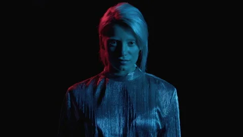 Nice Portrait of Beautiful Model in Center of Modern Studio in UV Filter. Trendy Stock Footage 199479022