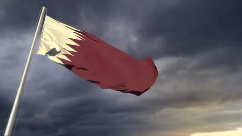 Nice Qatar flag on massive dark clouds backdrop - abstract 3D illustration Stockillustratie