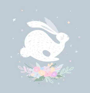 Nice rabbit jumping over delicate flowers. Stock Illustration