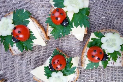 Nice red lady-bird on bread with vegetable on wooden board with napkin Stock Photos