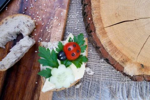 Nice red lady-bird on bread with vegetable on wooden board with napkin Stock Photos