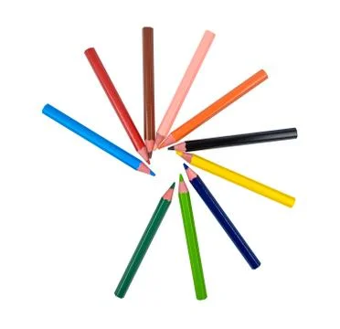 Nice round pattern made with many different colored wood pencil crayons on wh Stock Photos