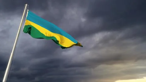 Nice Rwanda flag on massive dark clouds bg - abstract 3D illustration Ilustração Stock