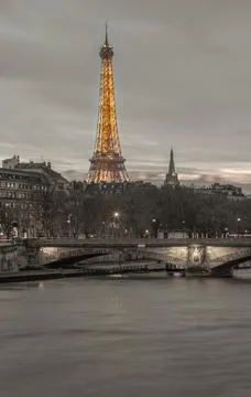 Nice scenery of Eiffel Tower and Seine River in Paris. View from Pont Alexa.. Stock Photos