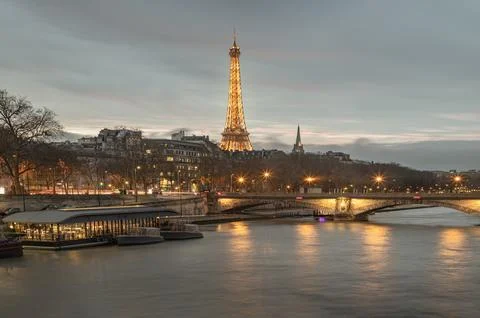 Nice scenery of Eiffel Tower and Seine River in Paris. View from Pont Alexa.. Stock Photos