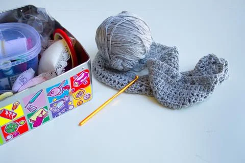 Nice sewing box with creative wool sweater Stock Photos