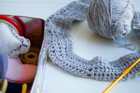 Nice sewing box with creative wool sweater Stock Photos