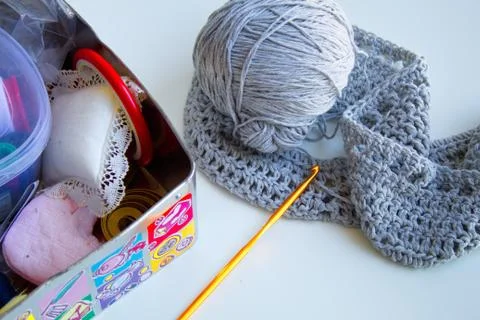 Nice sewing box with creative wool sweater Stock Photos