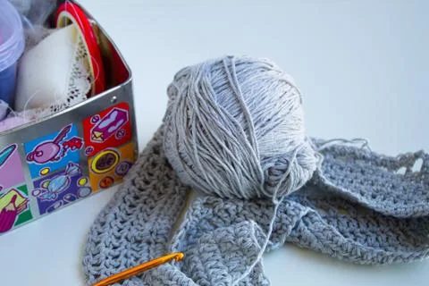 Nice sewing box with creative wool sweater Stock Photos