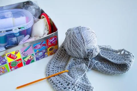 Nice sewing box with creative wool sweater Stock Photos