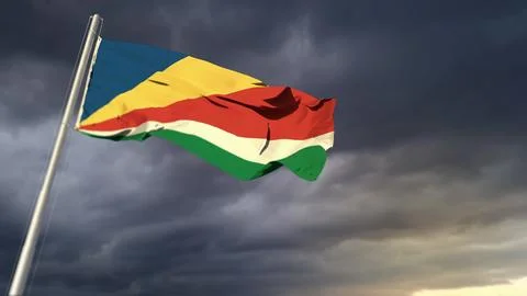 Nice Seychelles flag on heavy dark clouds bg - abstract 3D rendering Stock Illustration