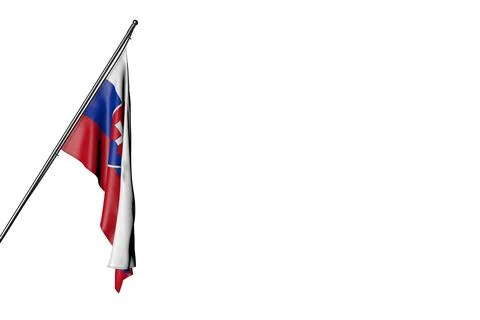 Nice Slovakia flag hangs on a diagonal pole isolated on white Stock Illustration