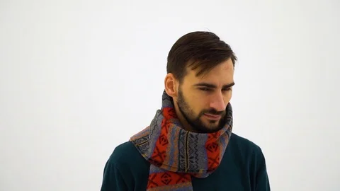 Nice slowmotion portrait of handsome bearded man in green sweater with new year Stock Footage 113002976