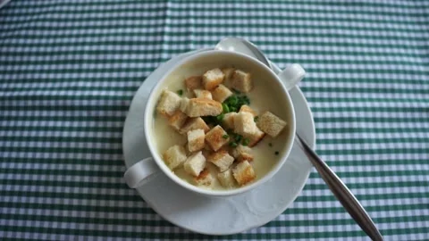 Nice soup with croutons FullHD Stock Footage 242786582