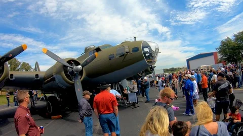 A nice Stead Panning shot of the B-17 Super Fortress bomber on display at Stock Footage 126043390