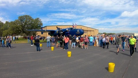 A nice steady panning shot from the B-25 "Devil Dog" to the B-17 Super Stock Footage 126043386