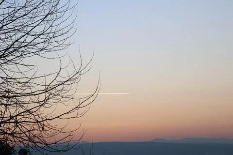 Nice sunset view of tree on the side with hills and trace of plane in the bac Stock Photos