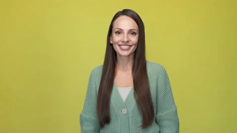 Nice sweet lady posing toothy smile isolated bright color background Stock Footage 167360892
