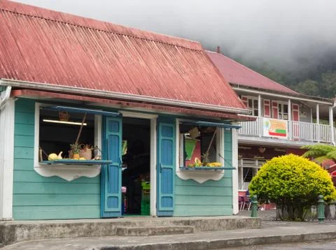 Nice tiny creole architecture for a small shop in Hell-Bourg in Reunion Islan Stock Photos