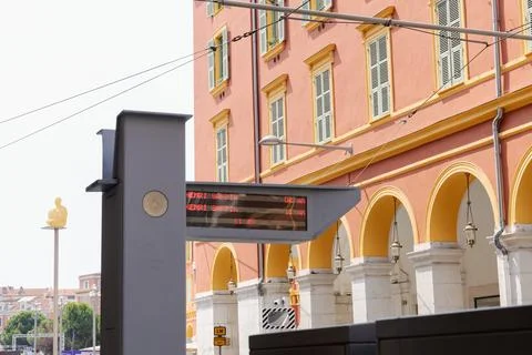 Nice tramway stop with electronic timetable display. Stock Photos