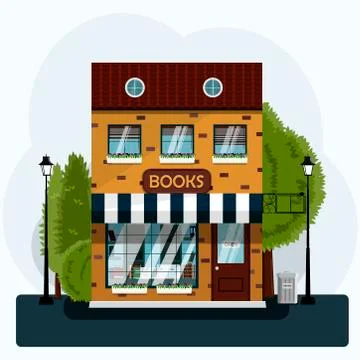 A nice two-story bookstore. Flat vector illustration of a brick building with a Stock Illustration
