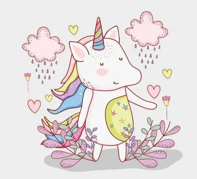 Nice unicorn with clouds raining and plants Stock Illustration