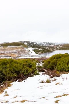 Nice vertical panoramic view of a lagoon with snowy mountains in the backgrou Stock Photos