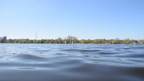 Nice view at the Alster with water wave in the middle of the lake Stock Footage 88883862