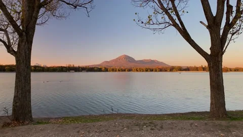 Nice view of the city lake and mountain peak. Stock Footage 167482760