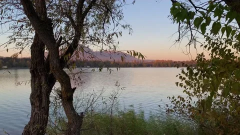 Nice view of the city lake and mountain peak. Stock Footage 167482785