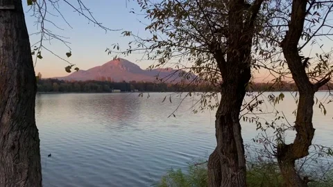 Nice view of the city lake and mountain peak. Stock Footage 167482802
