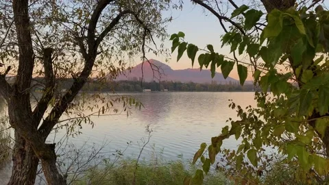Nice view of the city lake and mountain peak. Stock Footage 167482812