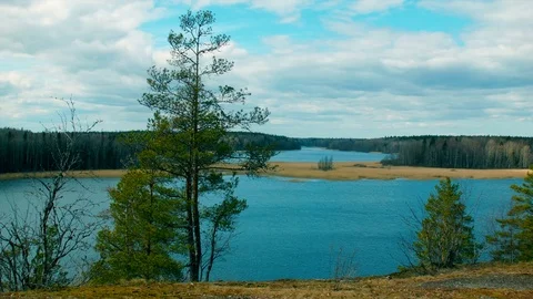 Nice view from the heights of the lake and forest Stock Footage 70956889