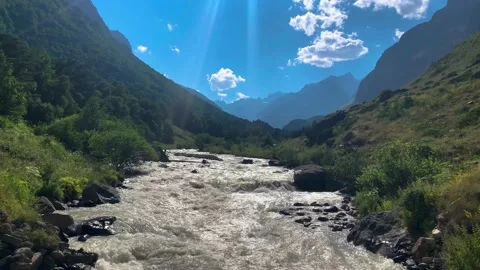 Nice view of the mountain river in the picturesque gorge of the Caucasus. Stock Footage 158398071