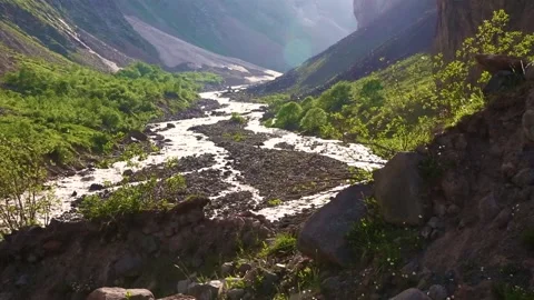 Nice view of the mountain river in the picturesque gorge of the Caucasus. Stock Footage 158820930