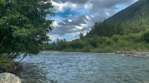 Nice view of the mountain river in the picturesque gorge of the Caucasus Stock Footage 160860250