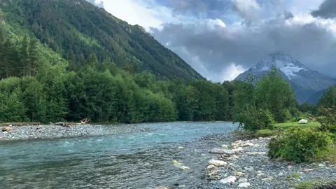 Nice view of the mountain river in the picturesque gorge of the Caucasus Stock Footage 160862796