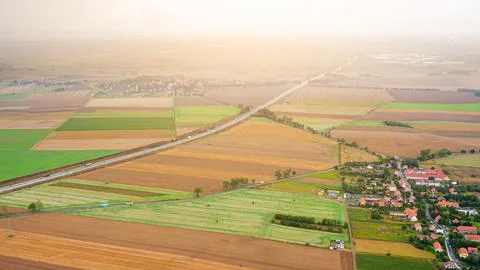 Nice view of the multi-colored fields from a great height. Aerial photography Foto stock