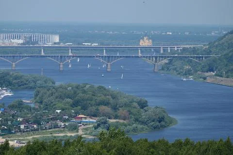 Nice view of the navigable river. Sailing yachts go along the river. Stock Photos