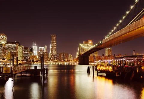 Nice view on restaurants under the Brooklyn Bridge Stock Photos