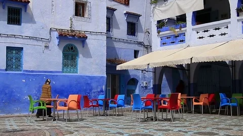Nice view of square with traditional cafe in beautiful town Chefchaouen Chaouen Stock Footage 77971446