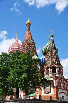 Nice view of St. Basil's Cathedral. Temple against the blue sky. Stock Photos