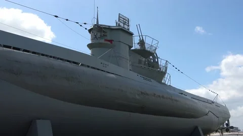 Nice view at the submarine U-995 at the beach of Laboe in Germany on a sunny  Stock Footage 155817232