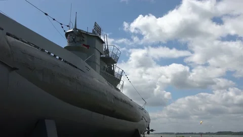 Nice view at the submarine U-995 at the beach of Laboe in Germany on a sunny  Stock Footage 155817240